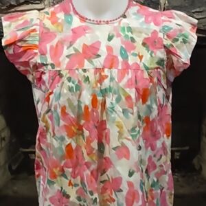 JODIFL Pink and Green Ruffled Cap Sleeve Blouse